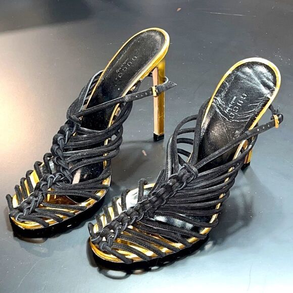Gucci Gold & Black Rope Heels With Buckle Closure. Pre-Owned. Size 38.5 (8.5) - Picture 11 of 16